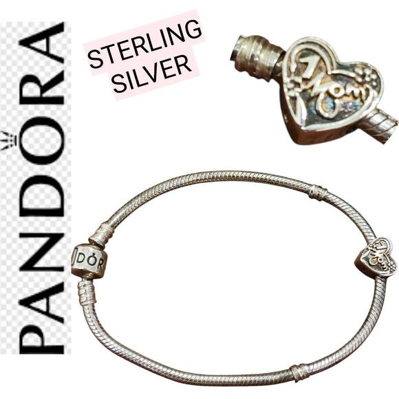 Pandora Sterling Silver Large 8" Bracelet with #1 Mom Heart Charm never worn - Picture 2 of 15